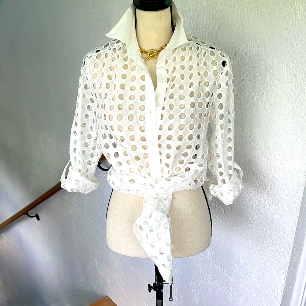 Adiva NWOT Embroidred Circle LSleeve Tunic Collared Button Up White Blouse Small